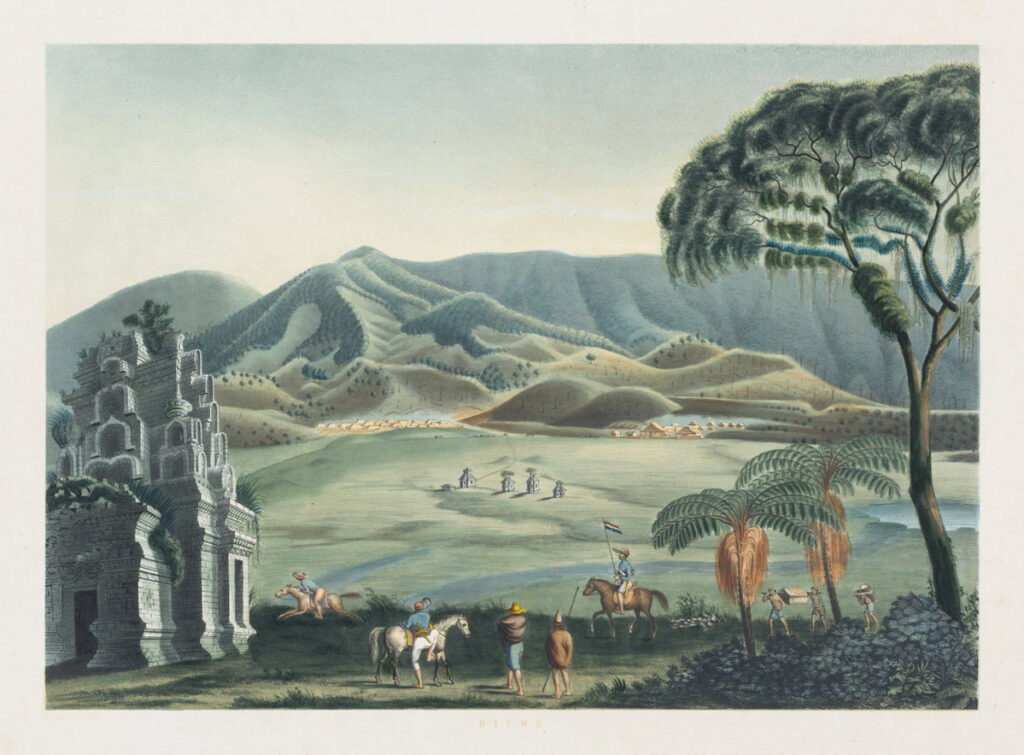 View of a landscape on the Dieng Plateau' by Franz Wilhelm Junghuhn from Java-Album (1854)